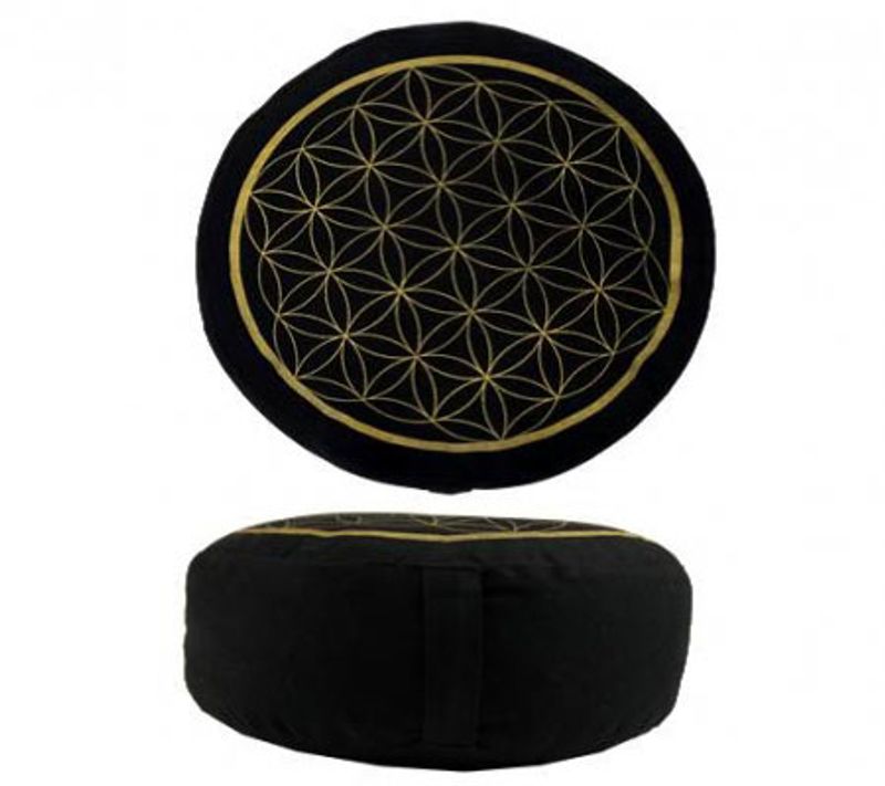 Meditasjonspute Livets Blomst sort & gull - Flower of life  medi